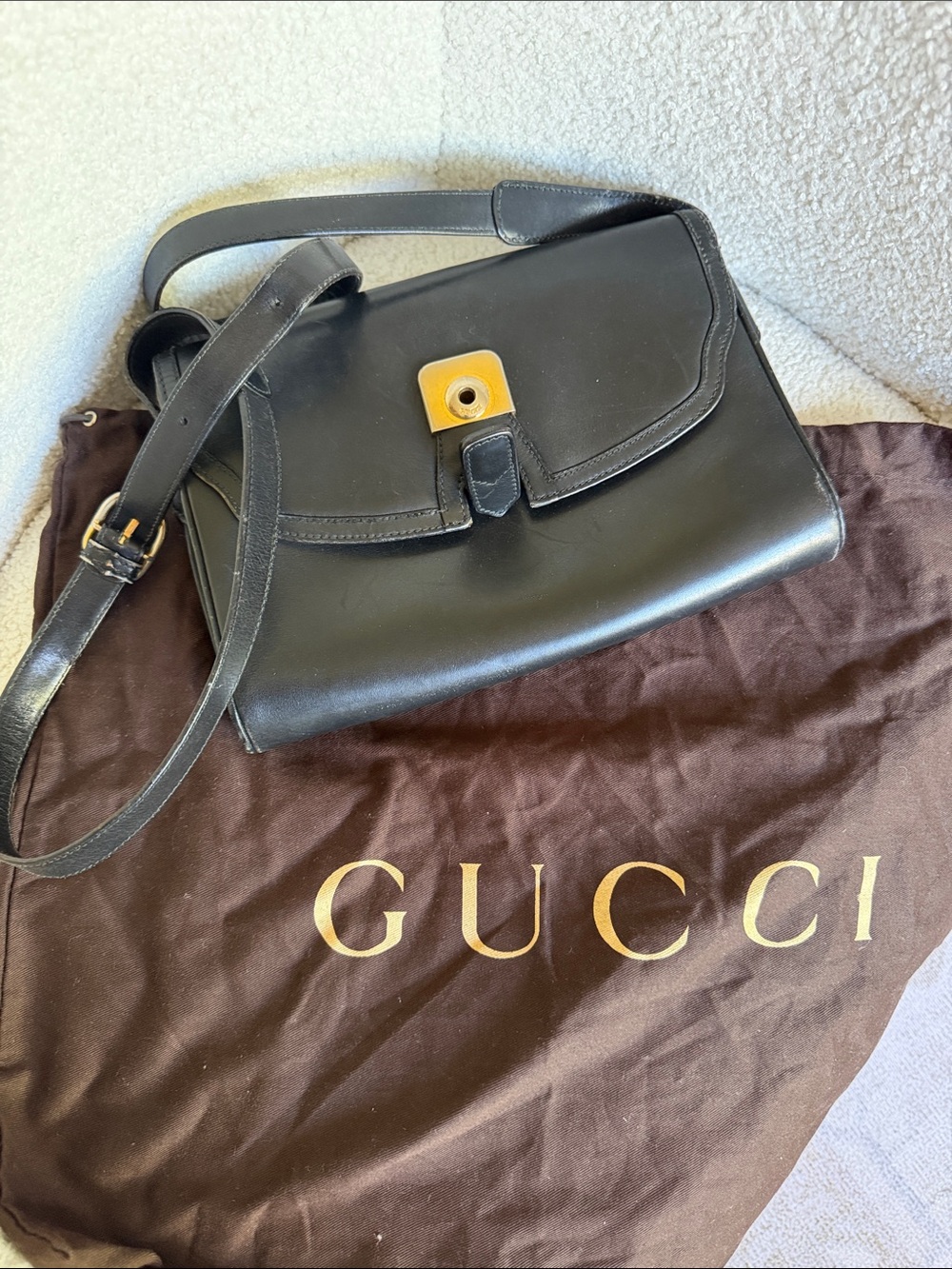 Gucci Black Leather Shoulder Bag with Gold-Tone Square Clasp
